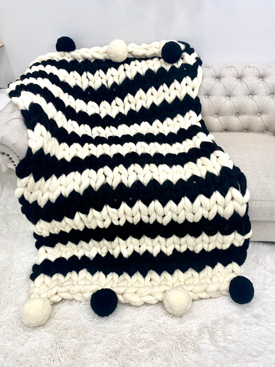 Merino Wool Blanket Striped with Pom Poms BeCozi