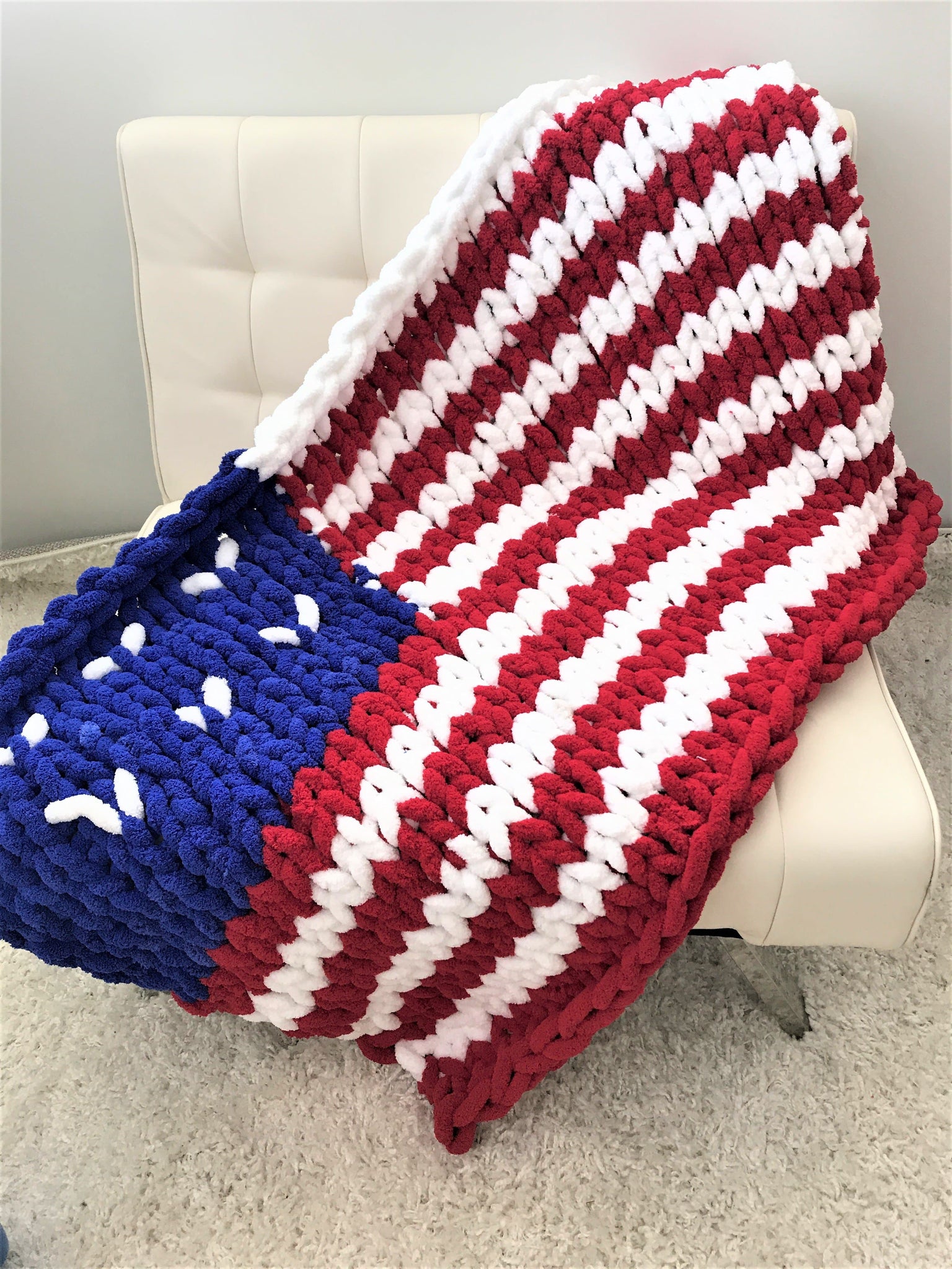 4th of July US Flag Warm Chunky Knit Blanket Yarn Handmade 62''X 32'' and  Thick