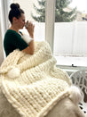 Chunky Chenille Yarn Blanket with Poms